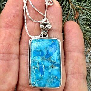 SUNDANCE $218 NEW Kingman Turquoise Sterling Silver Pendant Box Chain Necklace